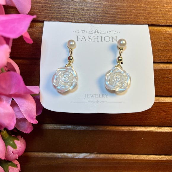 Pierced Drop Earrings. Pearlescent White Rose withI Imitation Pearl. - Picture 2 of 9